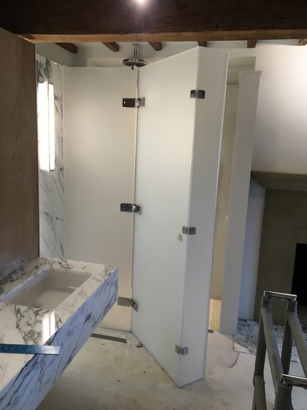 Bespoke frosted glass shower enclosure in  Bromley by Bow luxury bathroom